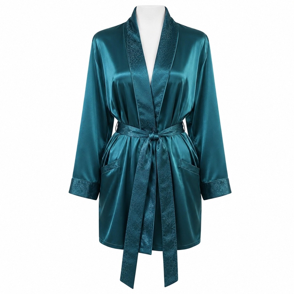 Vintage 80s 90s VS Gold Label OS Teal Green‎ Satin Short Robe Lingerie Kimono